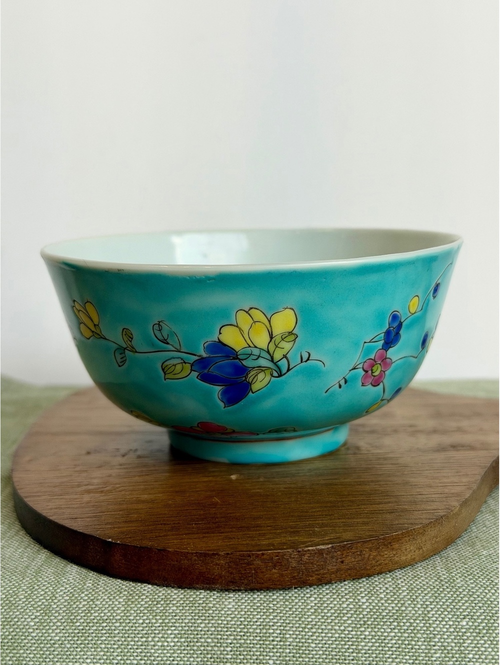Vintage Chinese Porcelain Bowl Turquoise Floral Hand Painted China Footed Bowl